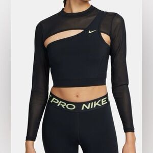 NIKE Pro Black Tight Fit Mesh Shrug Long Sleeve Cut Out Cropped Top FB5683-010 M